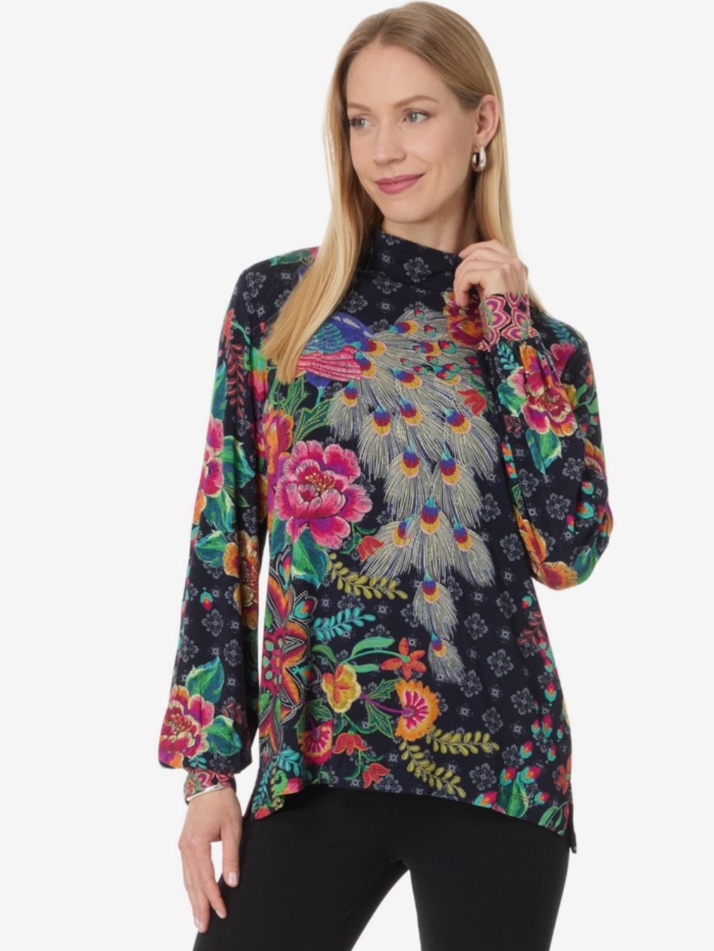 Johnny Was Floral and Peacock Print Mock Neck Top Size Small